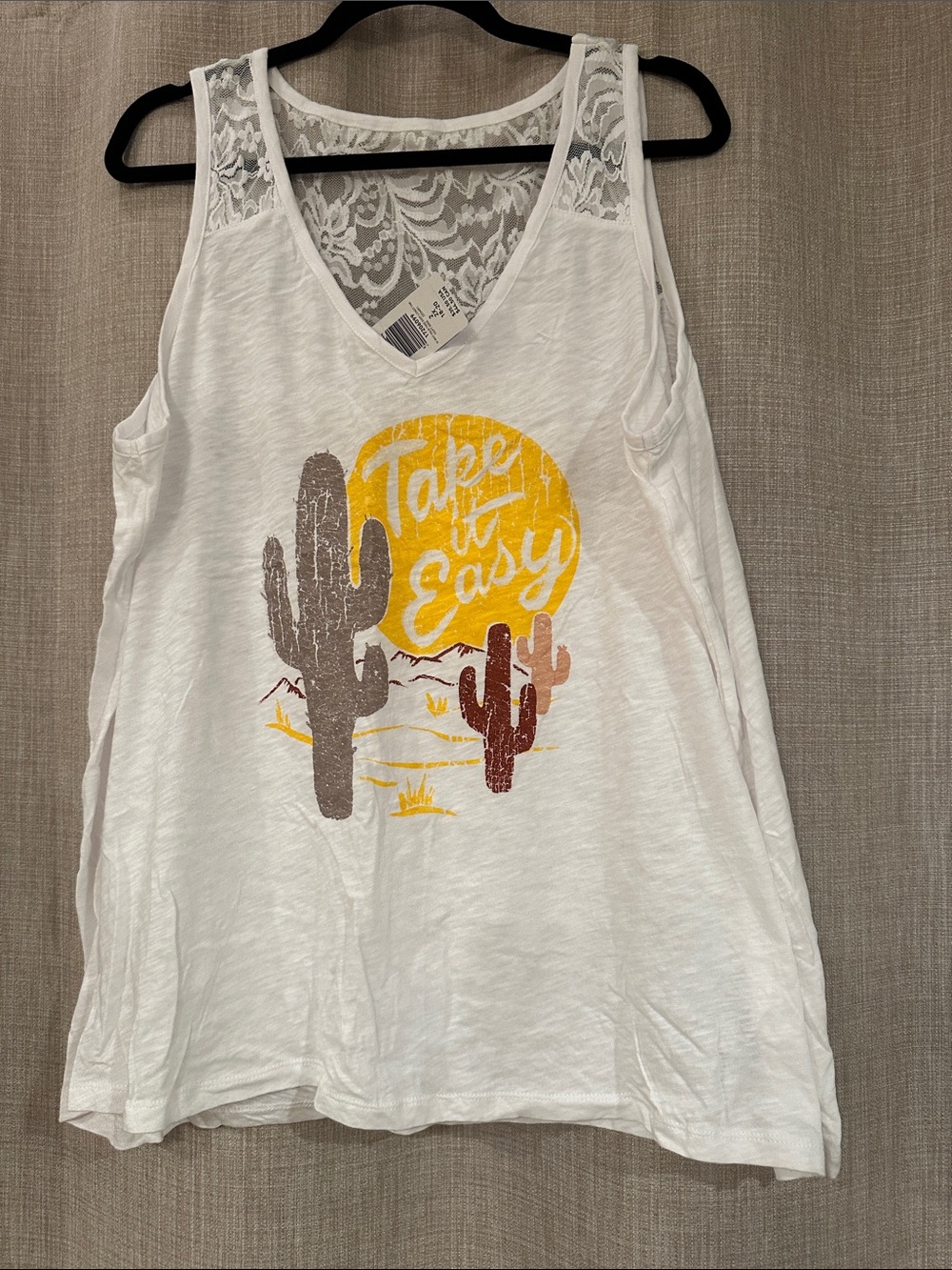 Torrid White Lace-Back Tank with Desert Graphic - "Take It Easy"